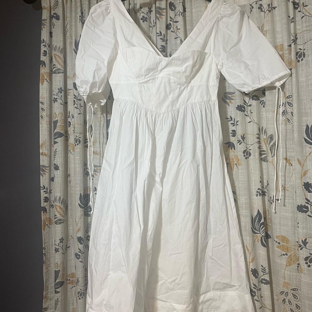 For Love And Lemons Jocelyn Midi White Puff Sleeve V-Neck Sundress